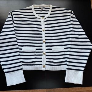 J. Crew Women's Navy and White Striped Cardigan Large